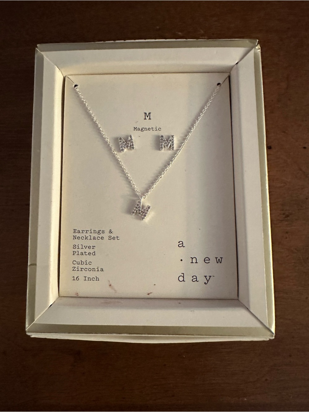a new day Silver Plated Cubic Zirconia 'M' Necklace & Stud Earrings